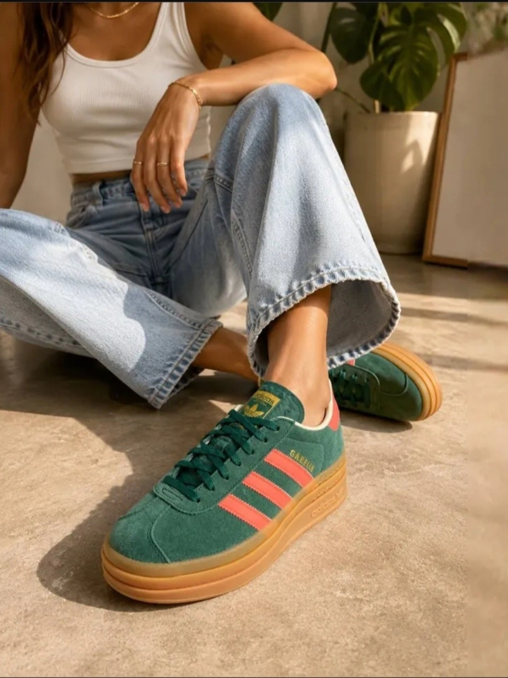 adidas Suede Platform Sneakers in Green with Coral Stripes